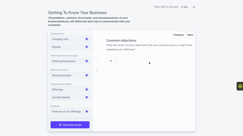 Business survey interface about customer objections.